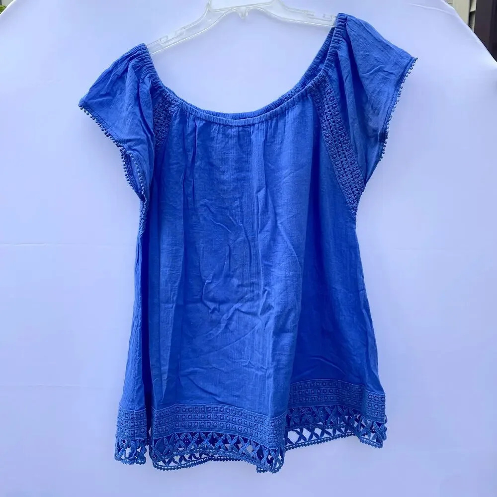 Victoria's Secret Blue 100% Cotton Bohemian Lace Trim Flowy Beach Shift Dress